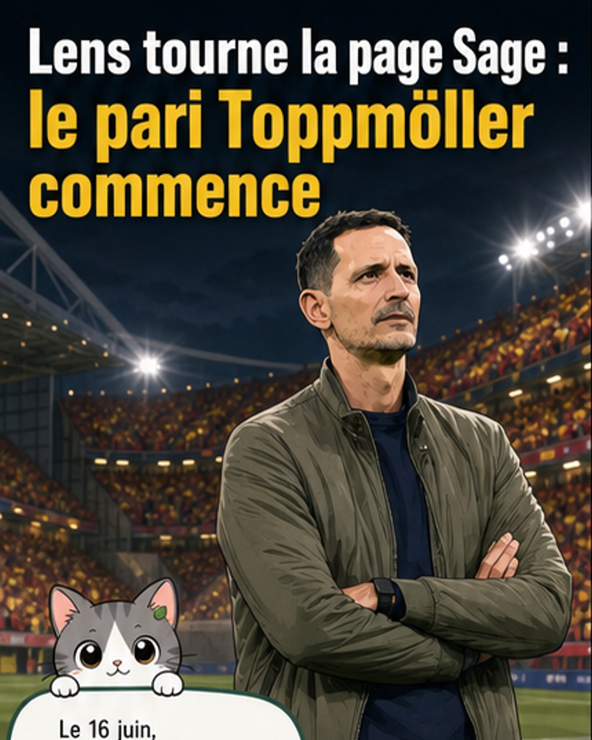 Illustration d'un banc de touche avec Dino Toppmöller en costume, entouré de joueurs du RC Lens en tenue rouge et or, sous les lumières d'un stade le soir.
