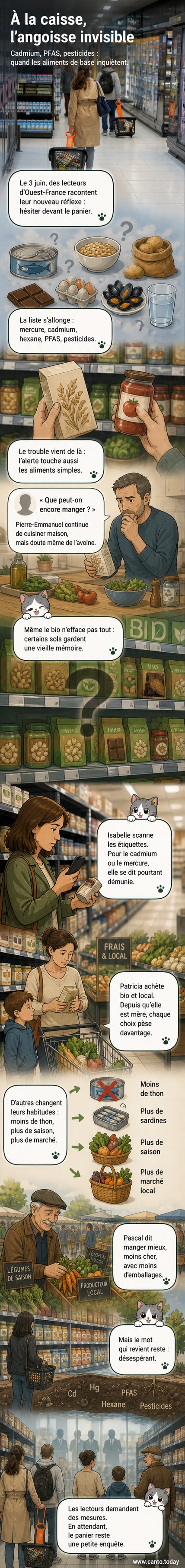 Illustration d'une assiette divisée en portions, avec des symboles de toxines comme le cadmium et les PFAS visibles dans certains aliments, entourée par des silhouettes de personnes inquiètes.