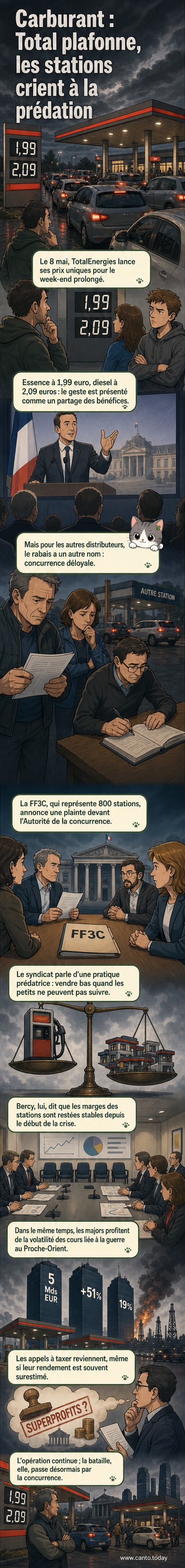 Illustration d'une station-service TotalEnergies avec des prix affichés à 1,99 € pour l'essence, entourée de camions et de voitures, dans un contexte urbain.