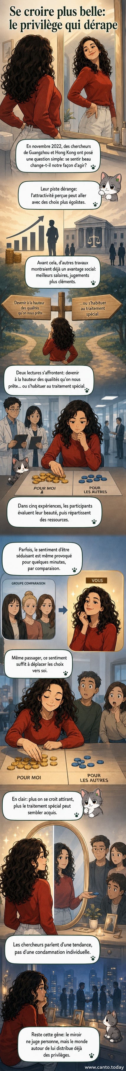 Illustration d'une personne regardant son reflet dans un miroir avec une aura brillante, tandis que d'autres autour semblent s'effacer, symbolisant l'effet de l'auto-perception de la beauté sur le comportement social.