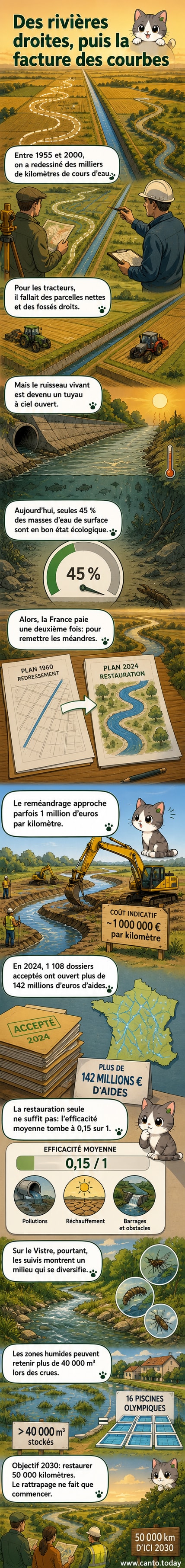 Une rivière sinueuse comparée à un canal droit, symbolisant le cycle des erreurs humaines et de la tentative de correction écologique.