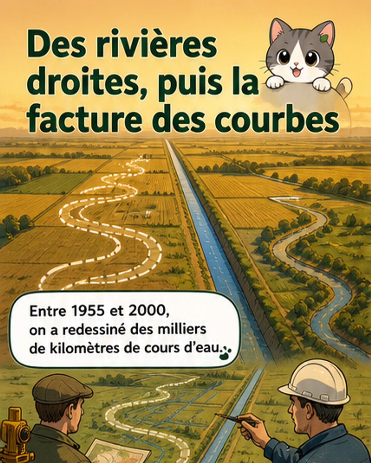 Une rivière sinueuse comparée à un canal droit, symbolisant le cycle des erreurs humaines et de la tentative de correction écologique.