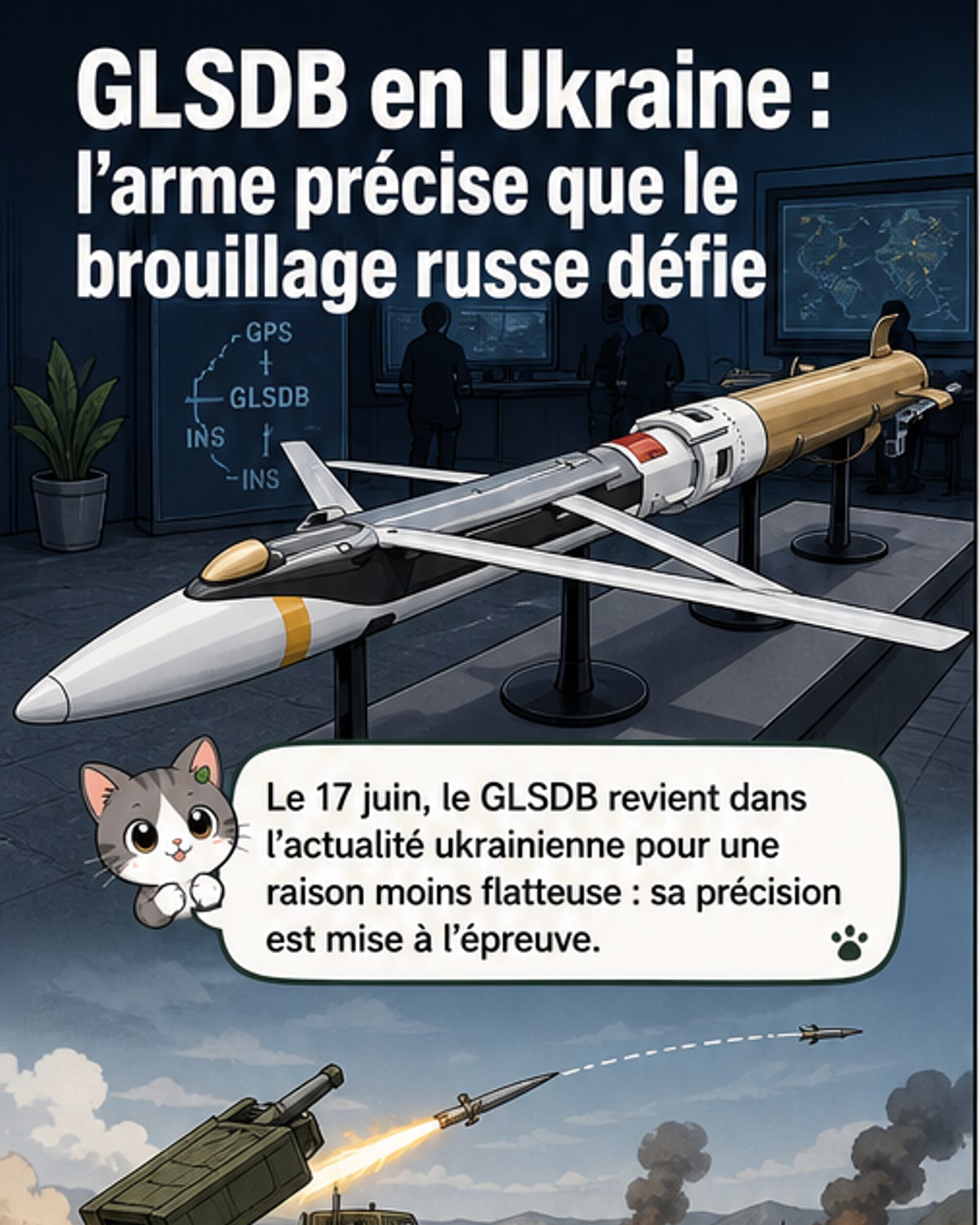 Représentation visuelle d'une bombe GLSDB en vol au-dessus d'un champ de bataille, avec des signaux GPS brouillés par des interférences électroniques russes.