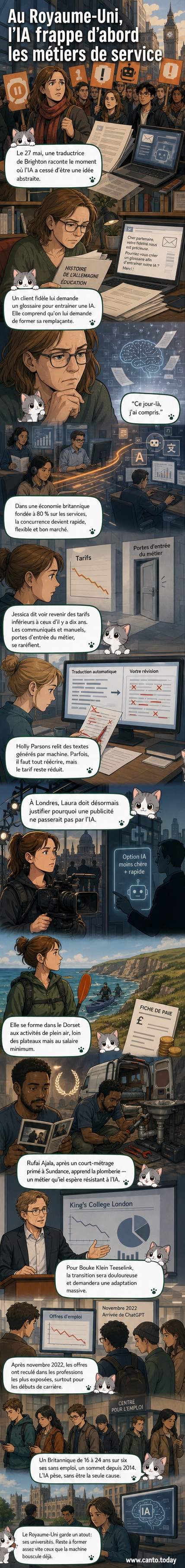 Illustration d’un travailleur face à un écran affichant une intelligence artificielle, tandis que son ombre montre un autre métier manuel, symbolisant la reconversion.