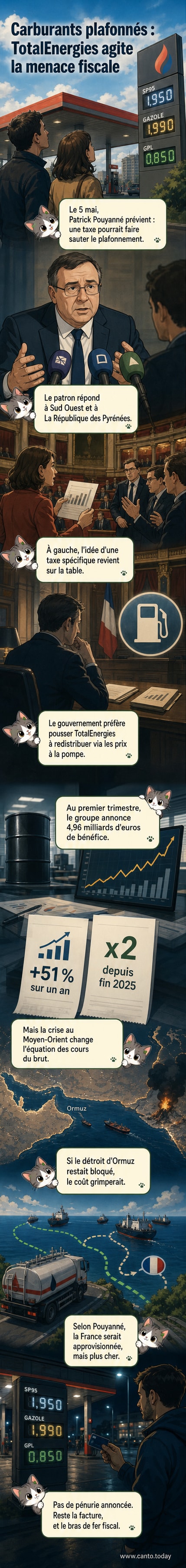 Une station-service TotalEnergies vue sous un ciel gris, avec des voitures à la pompe, illustrant la pression sur les prix des carburants.