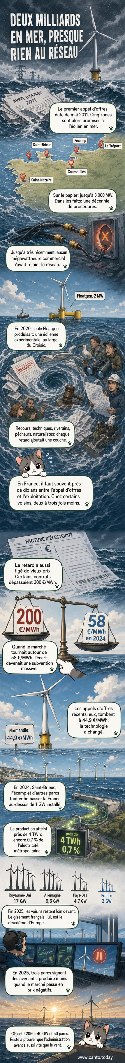 Illustration d'une éolienne offshore en mer avec des piles de dossiers administratifs flottant autour, symbole du blocage bureaucratique en France.