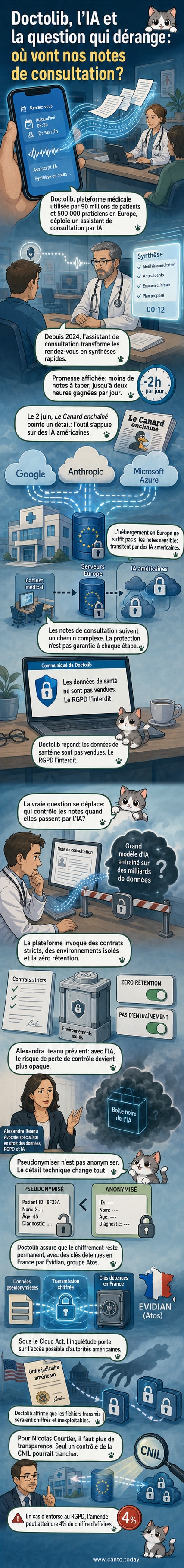 Illustration d’un médecin utilisant une tablette avec l’interface Doctolib, tandis que des icônes de Google, Microsoft et Anthropic apparaissent en arrière-plan avec un cadenas brisé partiellement recollé.