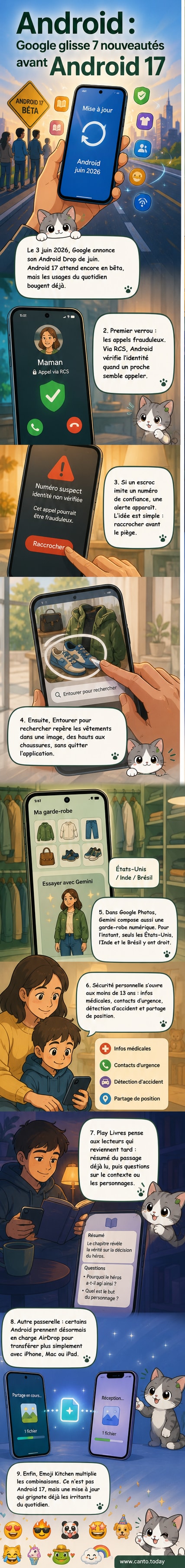 Illustration d'un smartphone Android affichant les nouvelles fonctionnalités de juin 2026 : détection d'appel frauduleux, transfert AirDrop, recherche d'habits dans une photo, et nouveaux emojis combinés.