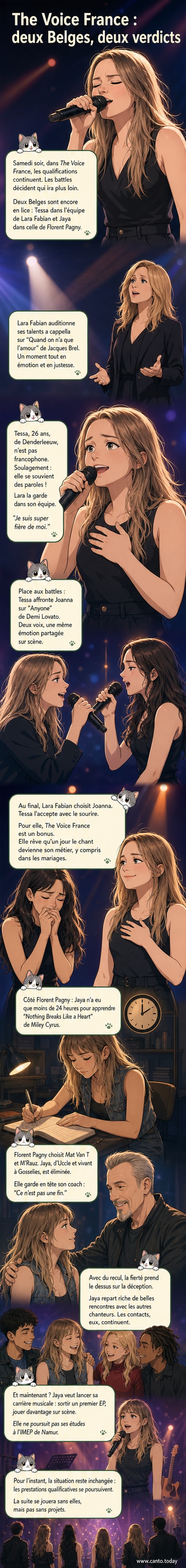 Deux candidates belges, Tessa et Jaya, sur scène lors des battles de The Voice France, sous le regard de leurs coachs Lara Fabian et Florent Pagny.
