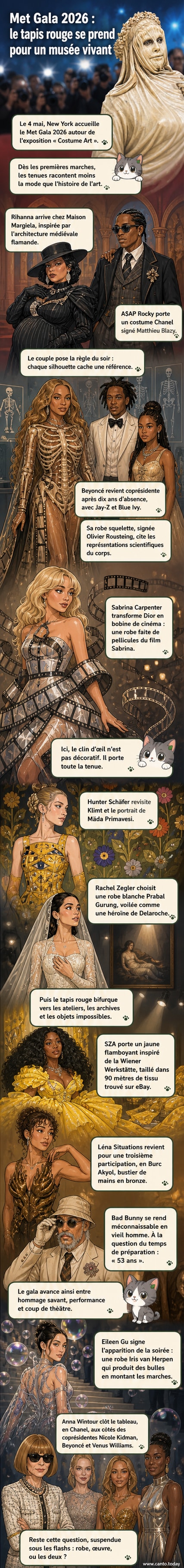 Tapis rouge du Met Gala 2026 à New York, avec des célébrités en tenues inspirées de l’art classique et contemporain, dont Beyoncé en robe squelette, Rihanna en robe architecturale et Eileen Gu en robe à bulles.