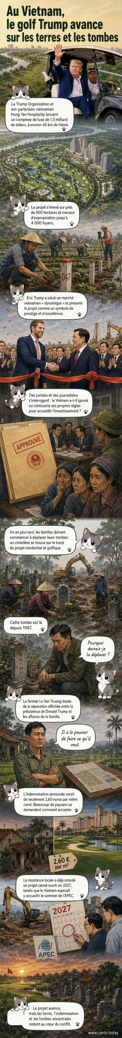 Illustration d'un projet de golf de luxe en construction au Vietnam, entouré de fermes et d'un cimetière, avec des familles locales regardant au loin.