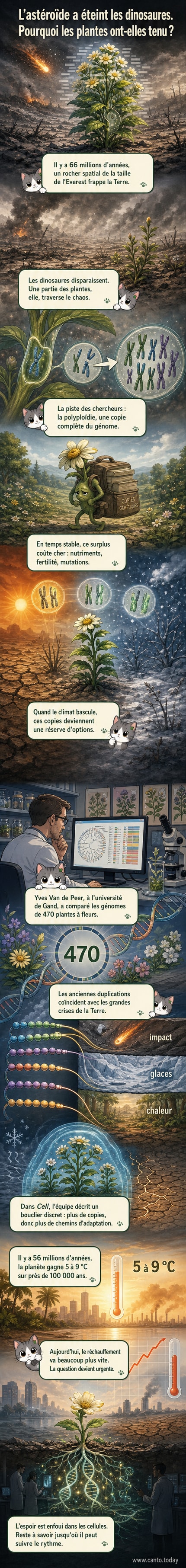 Illustration d'une forêt après l'impact d'un astéroïde, avec des plantes résilientes entourées de cendres et de lumière filtrée, symbolisant la survie par la duplication génétique.