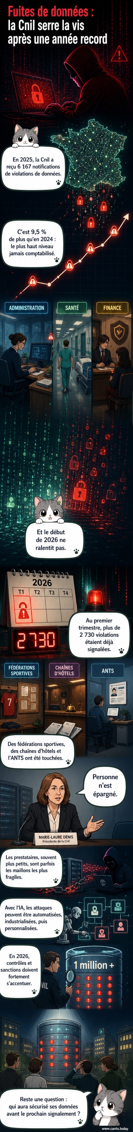 Illustration d’un cadenas brisé entouré de symboles de données personnelles, avec en arrière-plan un graphique en hausse et une silhouette de hacker.