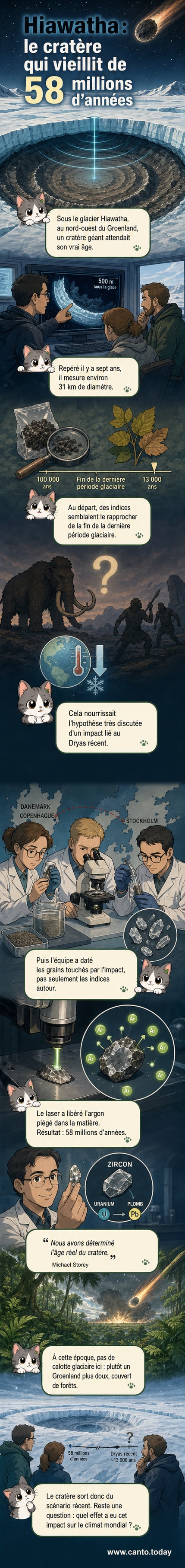 Représentation artistique d'un cratère météoritique sous la glace du Groenland, avec forêt pluviale ancienne en arrière-plan.