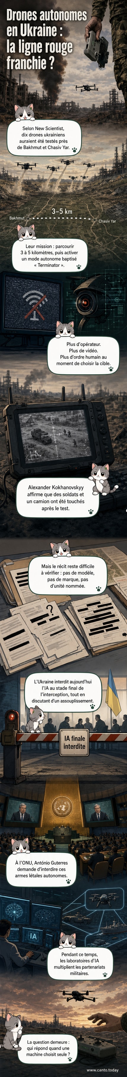 Représentation d'un drone quadricoptère volant au-dessus d'un champ de bataille dévasté, avec une interface IA affichant des cibles humaines en surimpression.