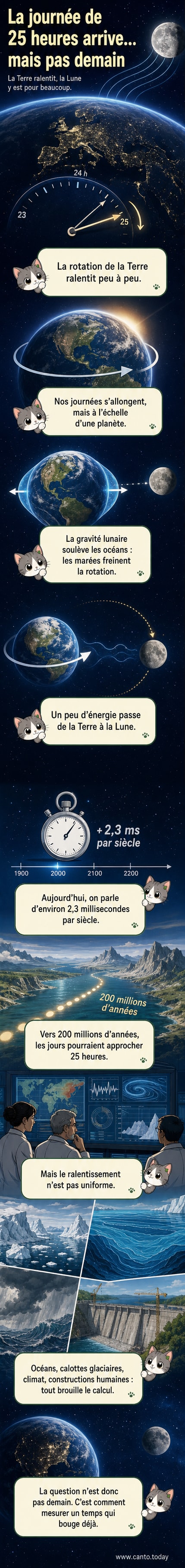 Illustration d'une Terre en rotation plus lente sous l'influence de la Lune, avec des marées visibles et un calendrier indiquant un futur lointain.