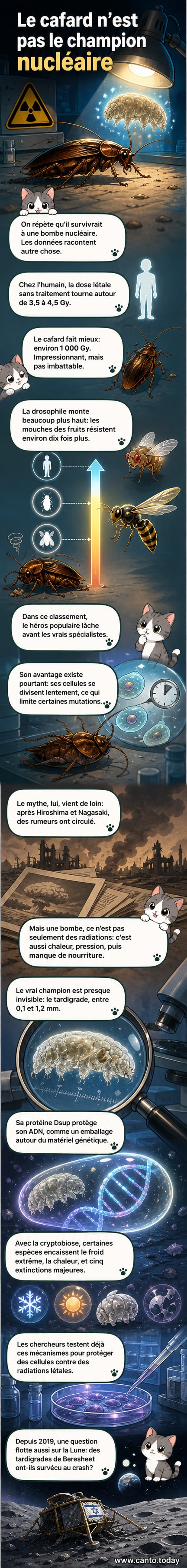 Illustration comparant un cafard, une mouche des fruits et un tardigrade sous exposition aux radiations, avec des niveaux de résistance gradués.