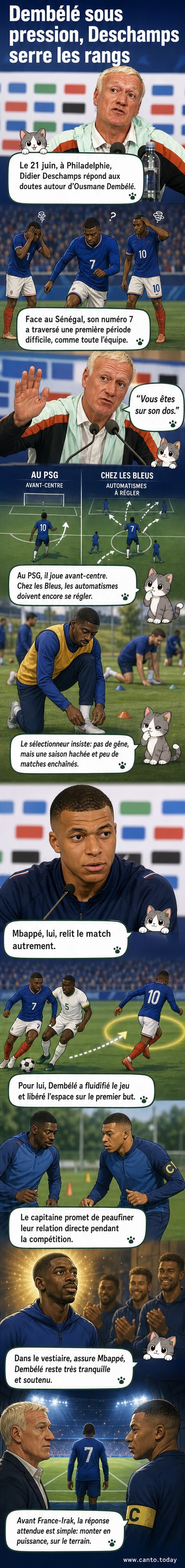 Illustration de Ousmane Dembélé en maillot des Bleus, entouré par les silhouettes de Didier Deschamps et Kylian Mbappé, dans un cadre de soutien après un match de Coupe du monde.