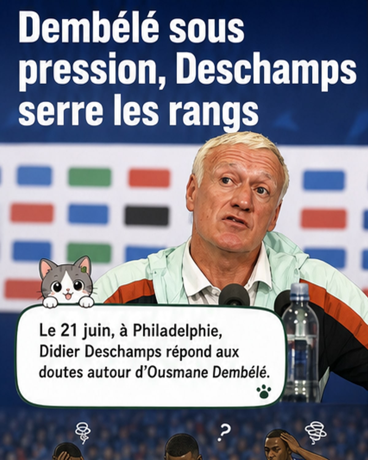 Illustration de Ousmane Dembélé en maillot des Bleus, entouré par les silhouettes de Didier Deschamps et Kylian Mbappé, dans un cadre de soutien après un match de Coupe du monde.