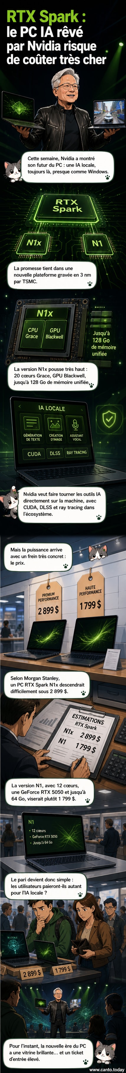 Jensen Huang présentant deux ordinateurs portables équipés de la puce RTX Spark lors d'une conférence, avec un écran affichant les spécifications techniques.