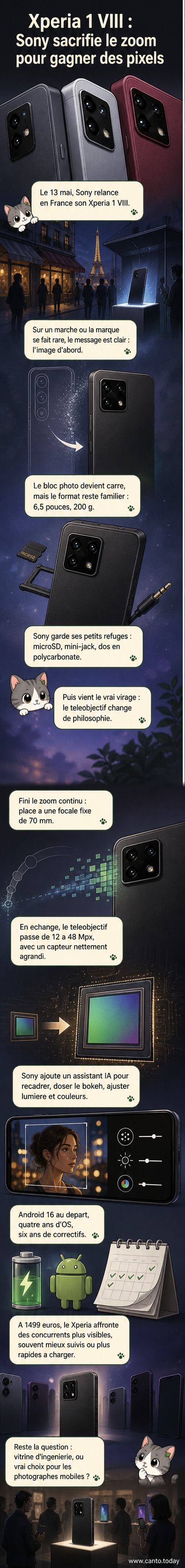 Smartphone Sony Xperia 1 VIII posé sur une surface sombre, mettant en valeur son écran OLED et son bloc caméra arrière carré.