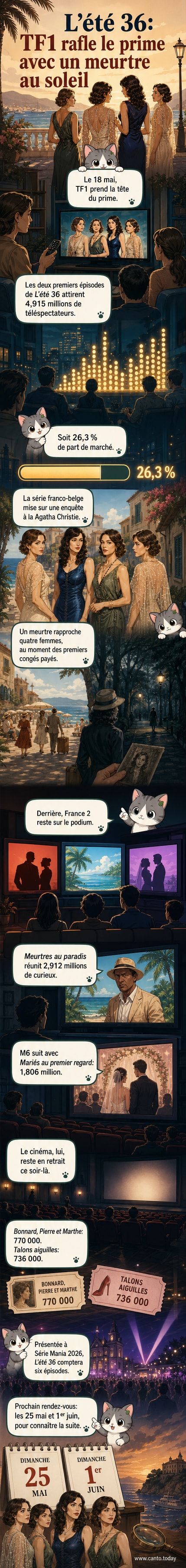 Affiche de la série 'L’été 36' avec quatre femmes en tenues années 1930 sur fond de plage provençale, style rétro et suspense.