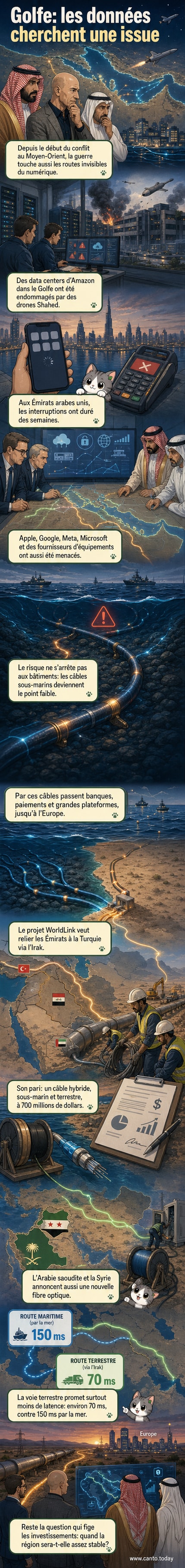 Photographie aérienne d’un pétrolier traversant le détroit d’Ormuz, avec des câbles sous-marins imaginés en surimpression reliant les côtes du Golfe à l’Europe via l’Irak.