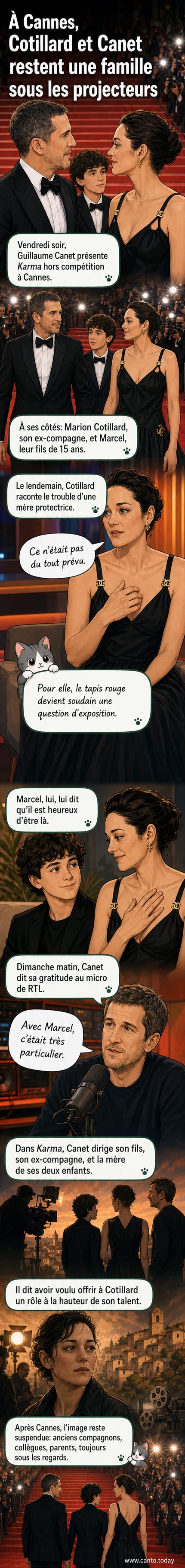 Marion Cotillard et Guillaume Canet marchent sur le tapis rouge de Cannes avec leur fils adolescent, sourires discrets, ambiance élégante et émotion contenue.