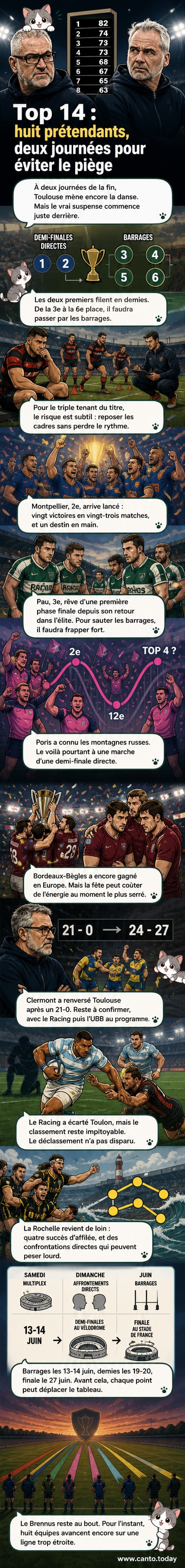 Illustration d'une mêlée de rugby avec les maillots de Toulouse, Montpellier et Pau, sous un ciel orageux, symbolisant la tension de la course au Brennus.