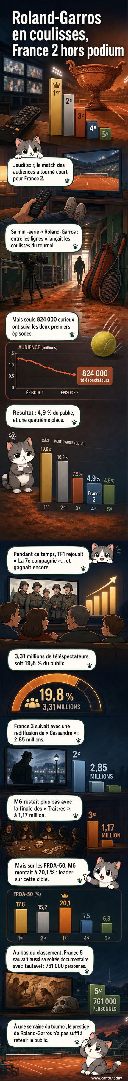 Capture d'écran montrant les audiences TV du jeudi 14 mai 2026, avec France 2 en quatrième position pour son documentaire sur Roland-Garros.
