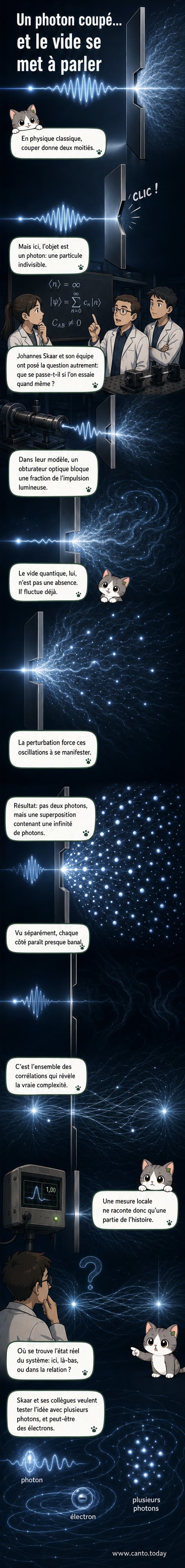 Illustration d’un photon traversant un obturateur rapide, avec des particules surgissant du vide quantique en arrière-plan.