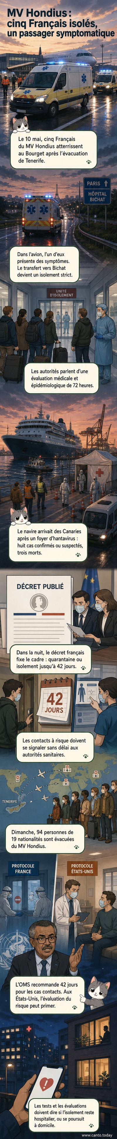 Ambulances quittant l’aéroport du Bourget avec des passagers français évacués du MV Hondius, en quarantaine pour risque de contamination par le hantavirus.