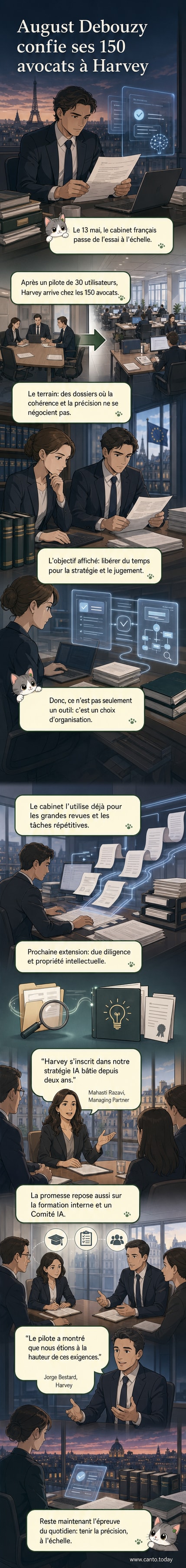 Illustration d’un avocat utilisant une interface numérique avec des flux de données et des documents juridiques, symbolisant l’intégration de l’IA dans un cabinet d’avocats.