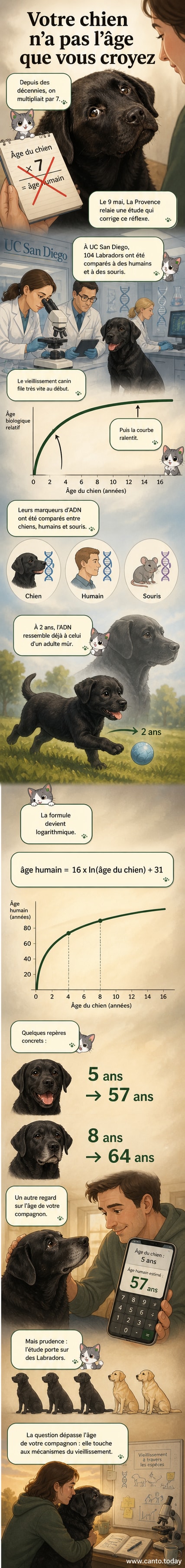 Illustration d’un chien âgé regardant une calculatrice affichant une formule mathématique complexe, avec une comparaison entre âge canin et âge humain.