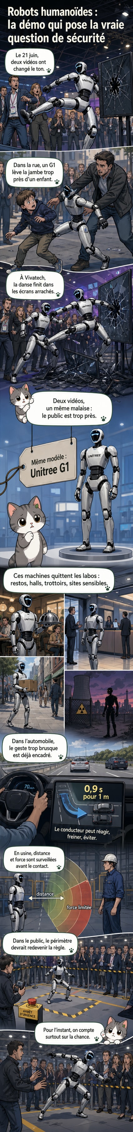 Un robot humanoïde noir et blanc en position de danse près d'un enfant, avec une flèche indiquant un mouvement de jambe vers le haut.