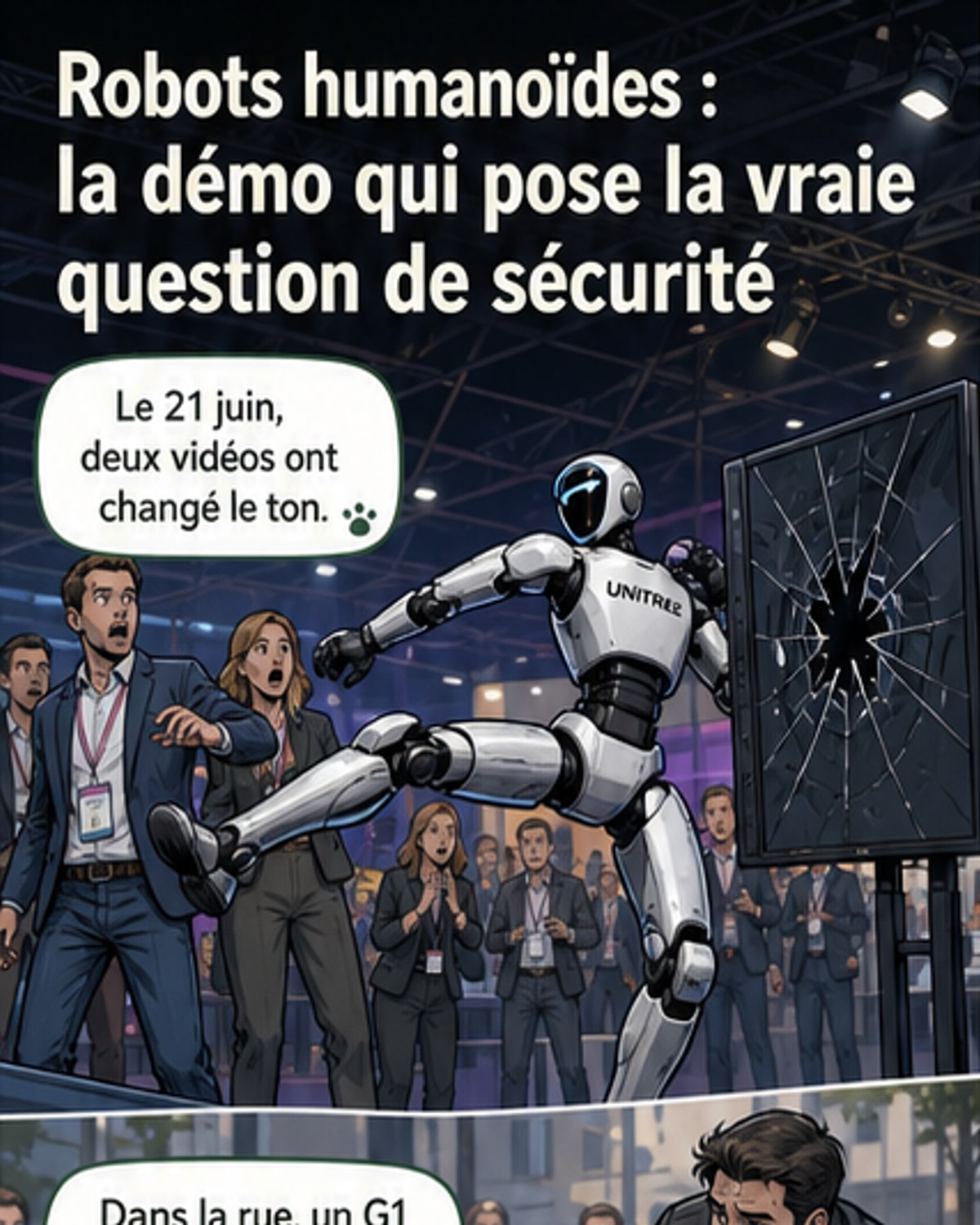Un robot humanoïde noir et blanc en position de danse près d'un enfant, avec une flèche indiquant un mouvement de jambe vers le haut.