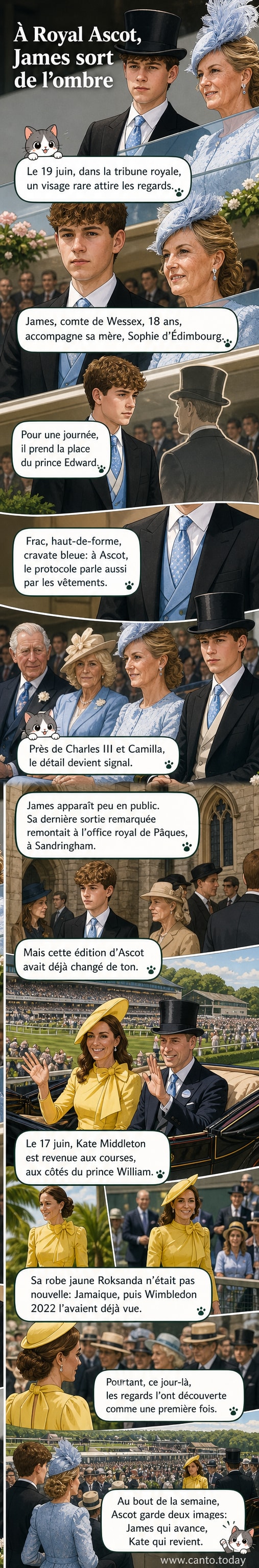 James, comte de Wessex, 18 ans, aux côtés de sa mère Sophie d'Édimbourg lors de Royal Ascot, le 19 juin 2026, vêtu d’un frac et d’un haut-de-forme, sous un ciel légèrement nuageux.