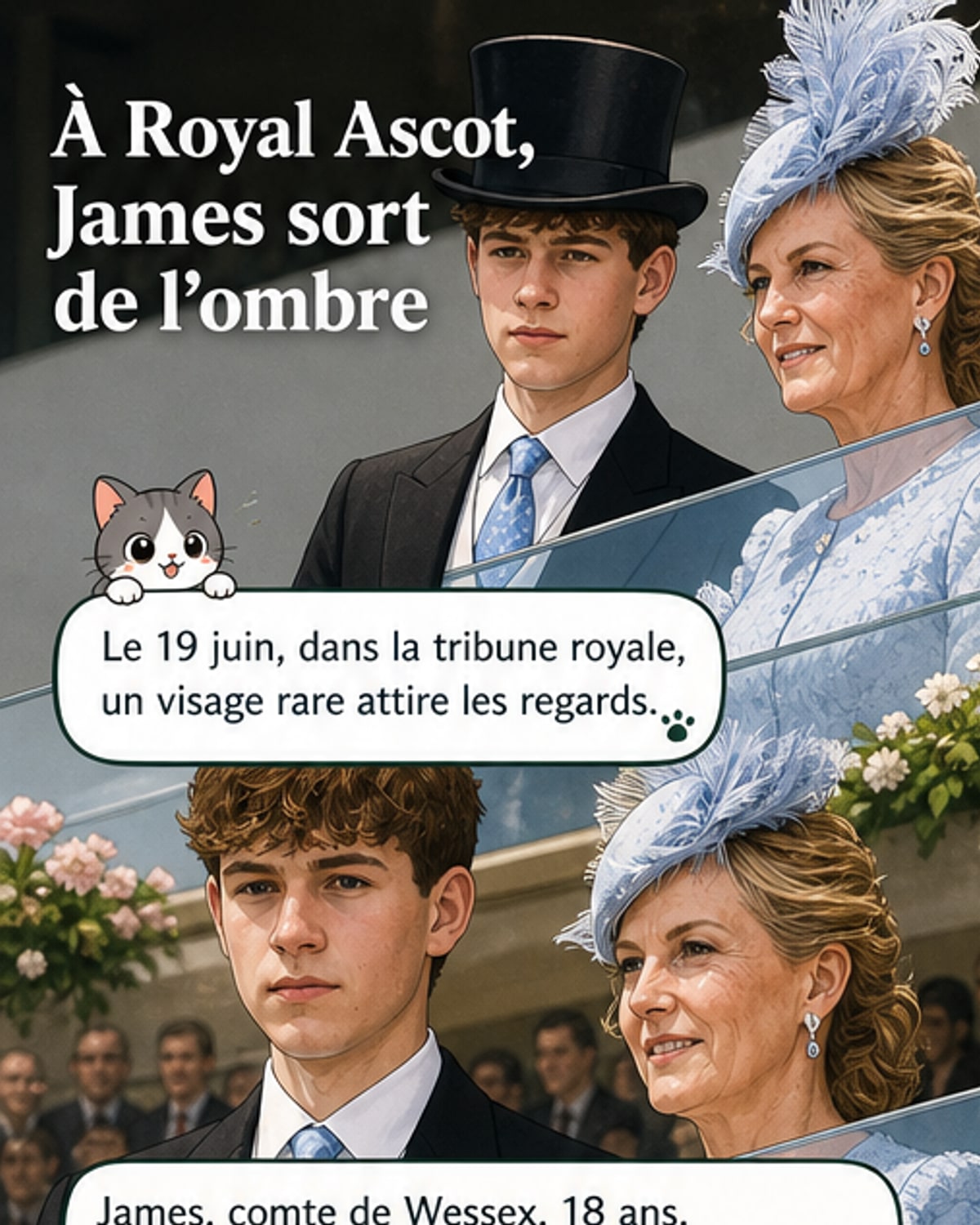 James, comte de Wessex, 18 ans, aux côtés de sa mère Sophie d'Édimbourg lors de Royal Ascot, le 19 juin 2026, vêtu d’un frac et d’un haut-de-forme, sous un ciel légèrement nuageux.
