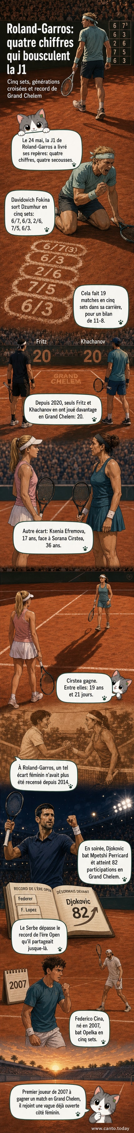 Illustration stylisée de Novak Djokovic levant les bras sur le court central de Roland-Garros, entouré de chiffres flottants : 82, 19, 2007, avec en arrière-plan un jeune et un vétéran jouant au tennis.