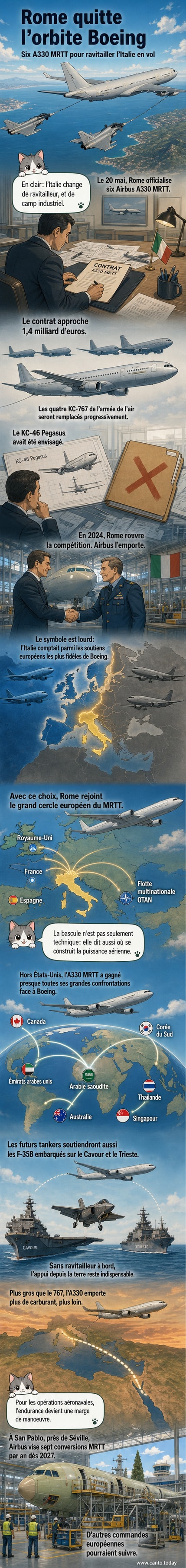 Un Airbus A330 MRTT en vol, avec un avion de combat en train de se ravitailler en carburant, symbolisant le nouveau contrat italien.