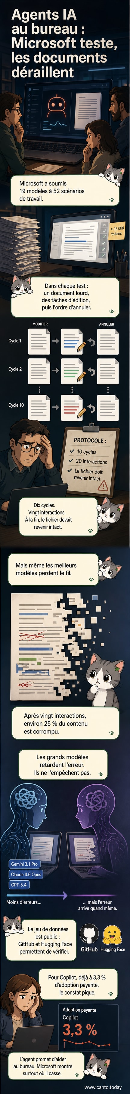 Illustration d'un document numérique en cours de modification par une intelligence artificielle, avec des signes de corruption de données visibles comme des fragments de texte altérés ou effacés.