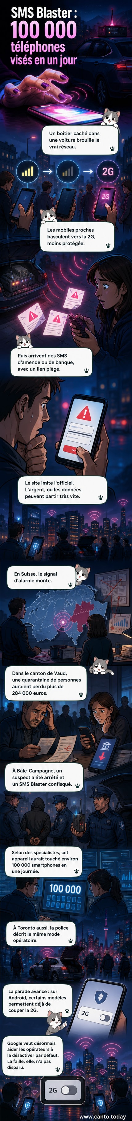 Illustration d’un téléphone portable entouré d’ondes rouges provenant d’un petit boîtier dans une voiture, symbolisant l’attaque du SMS Blaster via la 2G.