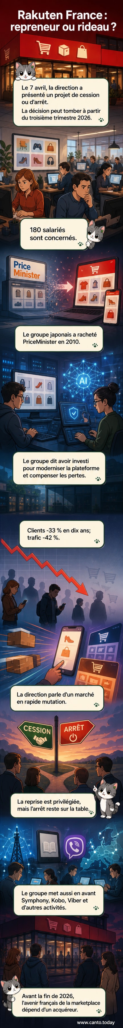 Illustration d'une plateforme e-commerce en déclin, avec un panneau 'À vendre' sur l'interface de Rakuten France, entourée d'icônes d'appareils électroniques, vêtements et meubles, tandis que des graphiques montrent une courbe de trafic en baisse.