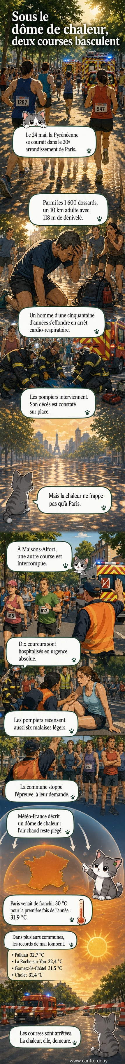 Deux coureurs titubent sous un soleil de plomb pendant une course interrompue, avec des secouristes en arrière-plan.
