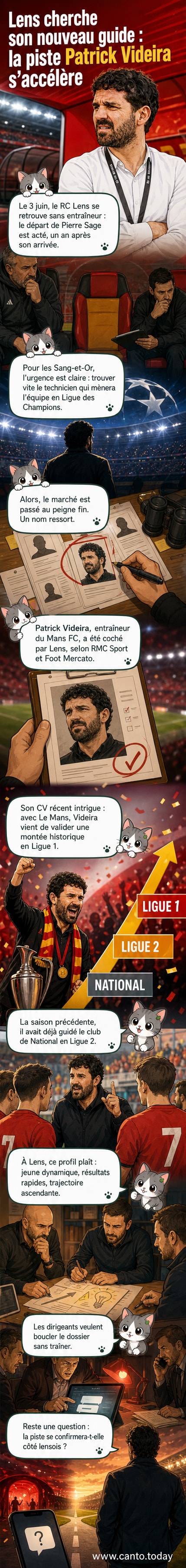 Illustration d'un terrain de football avec l'entraîneur Patrick Videira au bord de la ligne, entouré des maillots du Mans et de Lens, symbolisant la transition potentielle.