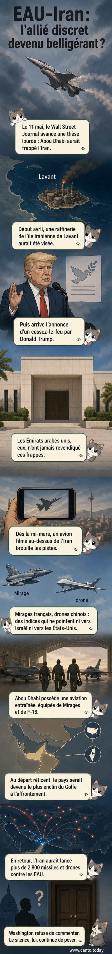 Illustration d’un ciel nocturne au-dessus du golfe Arabo-Persique avec des avions de chasse et des drones en vol, représentant l’implication présumée des Émirats arabes unis dans des frappes contre l’Iran.