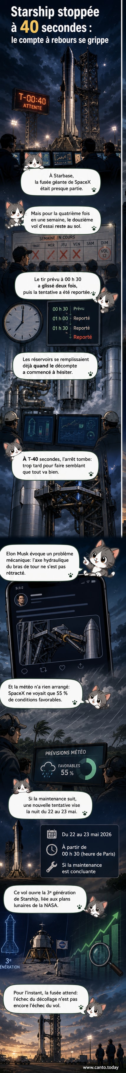 Illustration d'une fusée Starship immobilisée sur la rampe de lancement, avec un bras de tour bloqué et un compte à rebours affiché à 40 secondes.