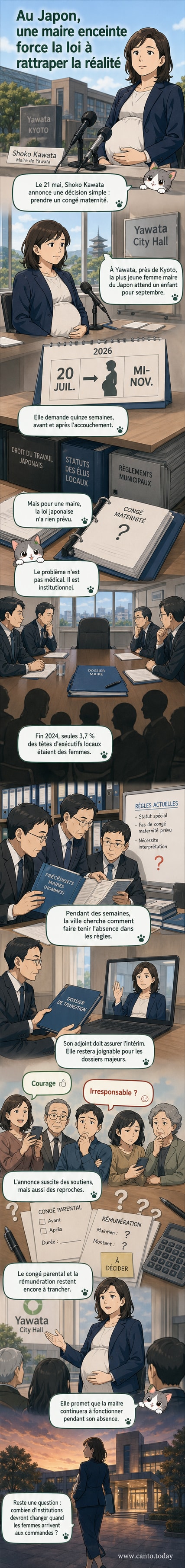 Illustration d'une jeune femme en costume, souriante, tenant un micro devant un drapeau japonais, avec un calendrier marquant juillet à novembre 2026.