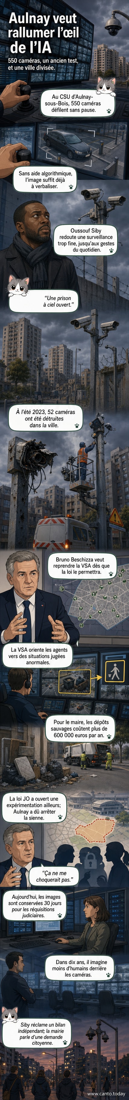 Vue d'un centre de supervision urbain avec un mur d'écrans montrant des images de vidéosurveillance en direct, un agent manipulant un joystick, et des mâts de caméras surmontés de barbelés dans un quartier d'Aulnay-sous-Bois.