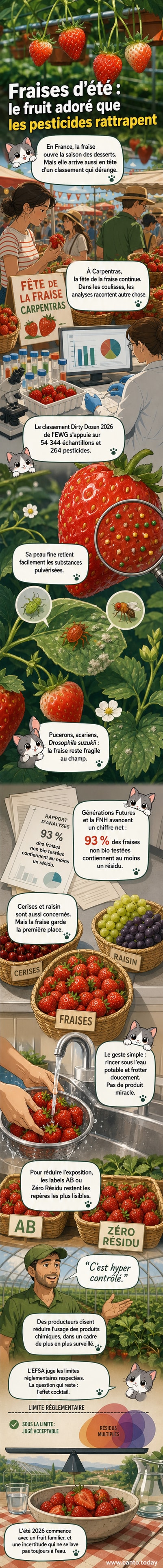 Une fraise coupée en deux, posée sur une planche en bois, avec des gouttes d'eau et un fond flou de serre agricole.
